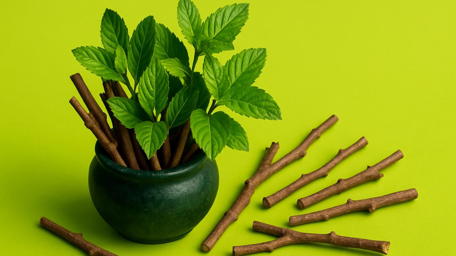 Ashwagandha plant in a pot with some root next to it.